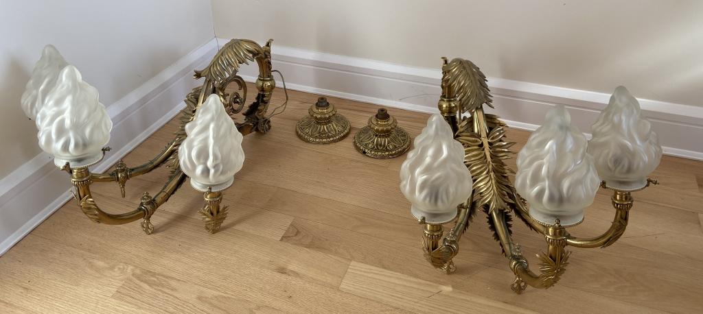 Victorian Bronze Converted Gas Light Sconce Pair: Two 3-light bronze wall sconces with torch flame shades. Converted Gas light / GasolierOrientalist style. Height with shade: 16 1/2"; Width: 24"; Depth" 20". STERLING ASSOCIATES STRIVES TO PROVIDE ACC