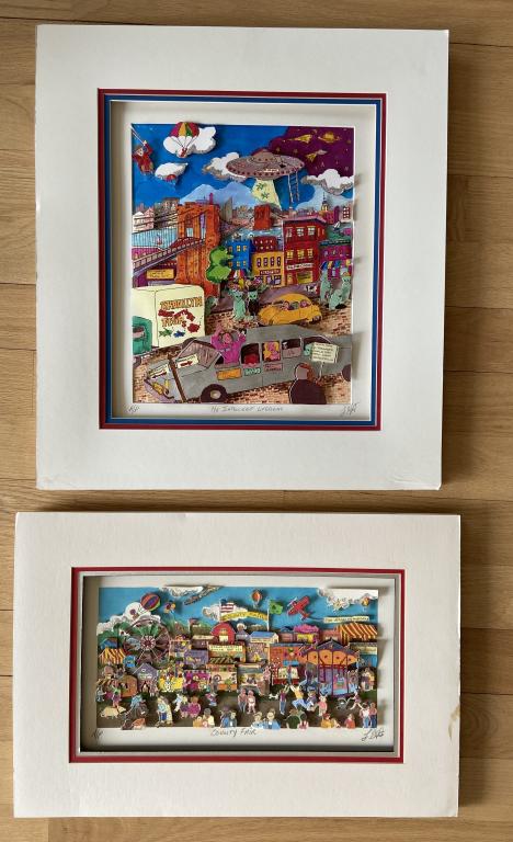 Two Signed & Numbered 3D Serigraph Collages: Set of two signed and numbered charles fazzino style Modern Pop Art Artists Prints. Mixed Media / Original mixed media three dimensional pop up."No Intelligent Lifeforms" / A/P / L. Hart. Height: 22 1