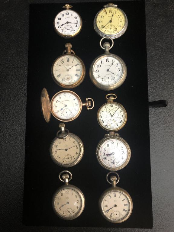 Lot of 10 Vintage Pocket Watches: Group of ten vintage pocket watches. Illinois Sangamo Special 23 Jewel working on and off. Waltham, Appleton Tracy & Co.. Ansonia. Ingersoll. Howard. Elgin B.W. Raymond. Parts. Cases. Movements. Gold