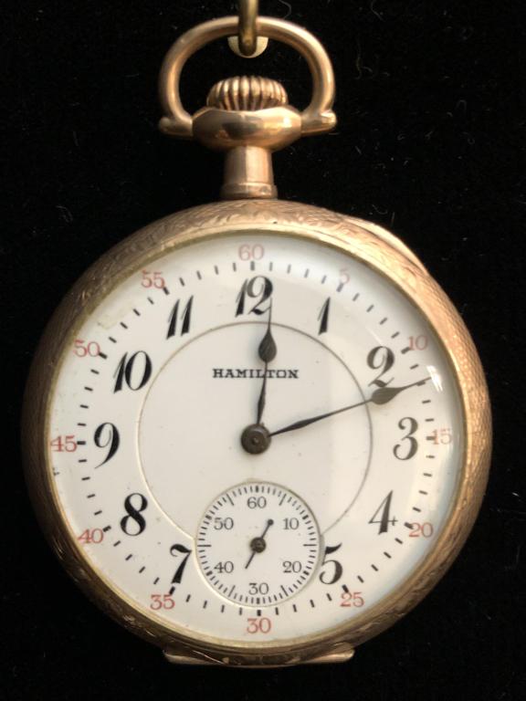 Hamilton Pocket Watch: Hamilton railroad pocket watch. 21 Jewels. Running. Loose crystal. ESTATE OF PHILIP GRECO JR. STERLING ASSOCIATES STRIVES TO PROVIDE ACCURATE, OBJECTIVE, & FAIR INFORMATION ON ALL LOTS. WE WILL BE HAP