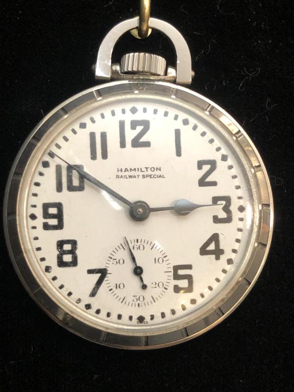 Hamilton Railway Special Pocket Watch: Hamilton "Railway Special" railroad pocket watch. 21 Jewels.Running. ESTATE OF PHILIP GRECO JR. STERLING ASSOCIATES STRIVES TO PROVIDE ACCURATE, OBJECTIVE, & FAIR INFORMATION ON ALL LOTS. WE WILL BE H