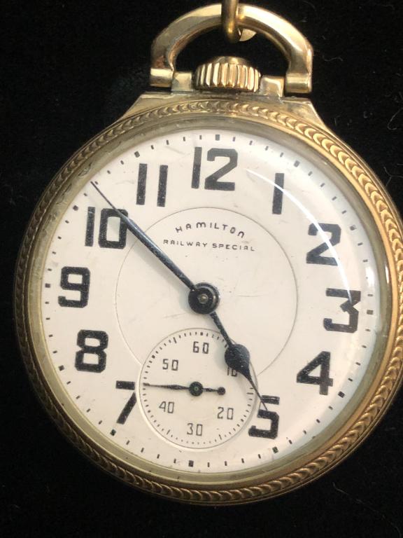 Hamilton Railway Special Pocket Watch: Hamilton "Railway Special" railroad pocket watch. Running.ESTATE OF PHILIP GRECO JR. STERLING ASSOCIATES STRIVES TO PROVIDE ACCURATE, OBJECTIVE, & FAIR INFORMATION ON ALL LOTS. WE WILL BE HAPPY TO ANS