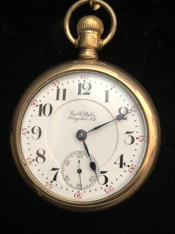 Hamilton Pocket Watch: Hamilton railroad pocket watch. Geo. B. Styles. Kingston N. Y. 21 Jewels. Running. ESTATE OF PHILIP GRECO JR. STERLING ASSOCIATES STRIVES TO PROVIDE ACCURATE, OBJECTIVE, & FAIR INFORMATION ON ALL LOTS