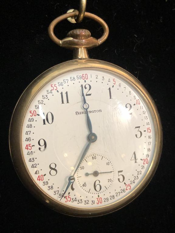Burlington Pocket Watch: Burlington Railroad pocket watch. 21 Jewels. Running. Scratched crystal. ESTATE OF PHILIP GRECO JR. STERLING ASSOCIATES STRIVES TO PROVIDE ACCURATE, OBJECTIVE, & FAIR INFORMATION ON ALL LOTS. WE WILL 