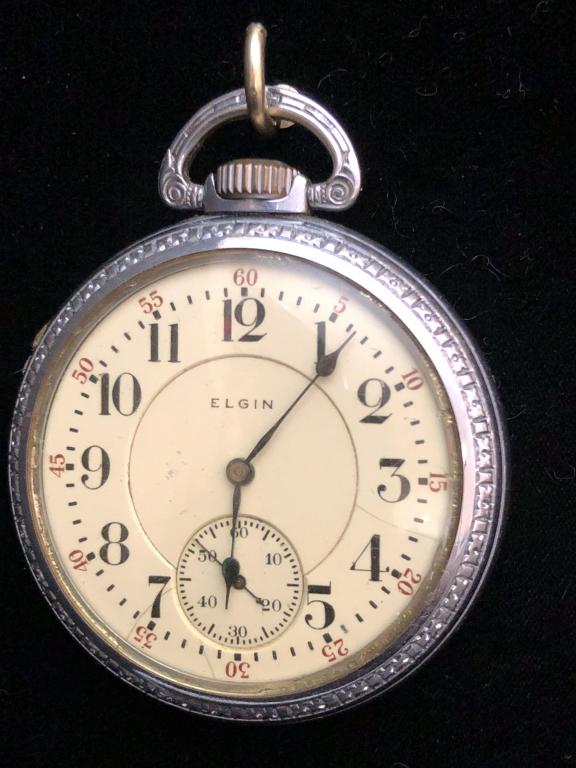 Elgin Pocket Watch: Elgin "Father Time" railroad pocket watch. 21 Jewels. Running. Crystal appears to be yellowed. ESTATE OF PHILIP GRECO JR. STERLING ASSOCIATES STRIVES TO PROVIDE ACCURATE, OBJECTIVE, & FAIR INFORMATION