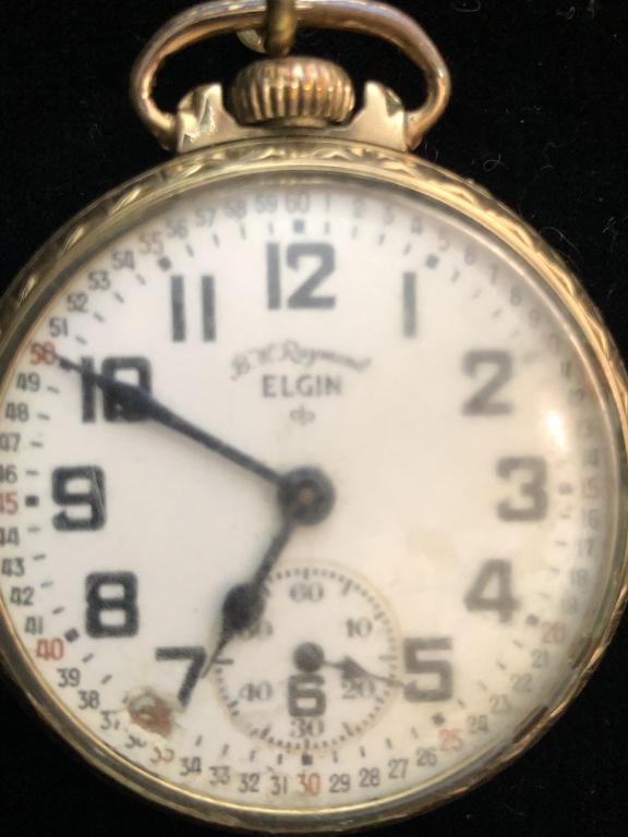 Elgin Pocket Watch: Elgin. B. W. Raymond. Railroad pocket watch. 21 Jewels. Running. Clouded crystal. ESTATE OF PHILIP GRECO JR. STERLING ASSOCIATES STRIVES TO PROVIDE ACCURATE, OBJECTIVE, & FAIR INFORMATION ON ALL LOTS.