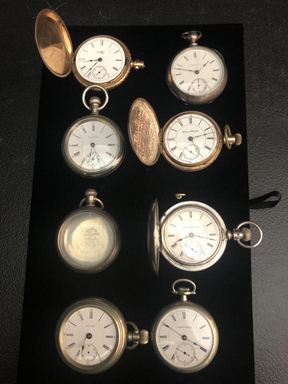 Group of 8 Antique Pocket Watches: Hampden. Waltham. Aurora. Illinois. Dueber. Parts. Cases. Movements. Gold filled. Silver. ESTATE OF PHILIP GRECO JR. STERLING ASSOCIATES STRIVES TO PROVIDE ACCURATE, OBJECTIVE, & FAIR INFORMATION ON A