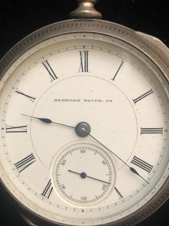 Hampden Watch Co.: Hampden Watch Co. Railroad pocket watch. Coin silver. Key wind. Running. ESTATE OF PHILIP GRECO JR. STERLING ASSOCIATES STRIVES TO PROVIDE ACCURATE, OBJECTIVE, & FAIR INFORMATION ON ALL LOTS. WE WILL 