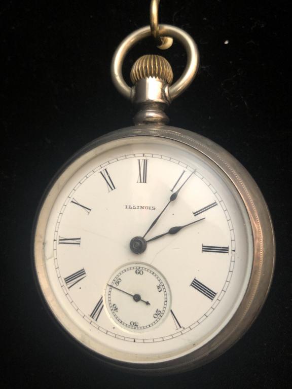 Illinois Pocket Watch: Illinois railroad pocket watch. Coin silver, mixed metal , engraved case. Running. ESTATE OF PHILIP GRECO JR. STERLING ASSOCIATES STRIVES TO PROVIDE ACCURATE, OBJECTIVE, & FAIR INFORMATION ON ALL LOTS