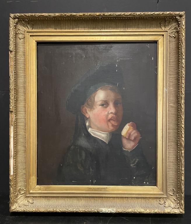 Portrait of Young Boy With Lemon: 19th Century Portrait of Young Boy With Lemon. Oil on canvas. 28" x 32" framed. Remnant of signature.