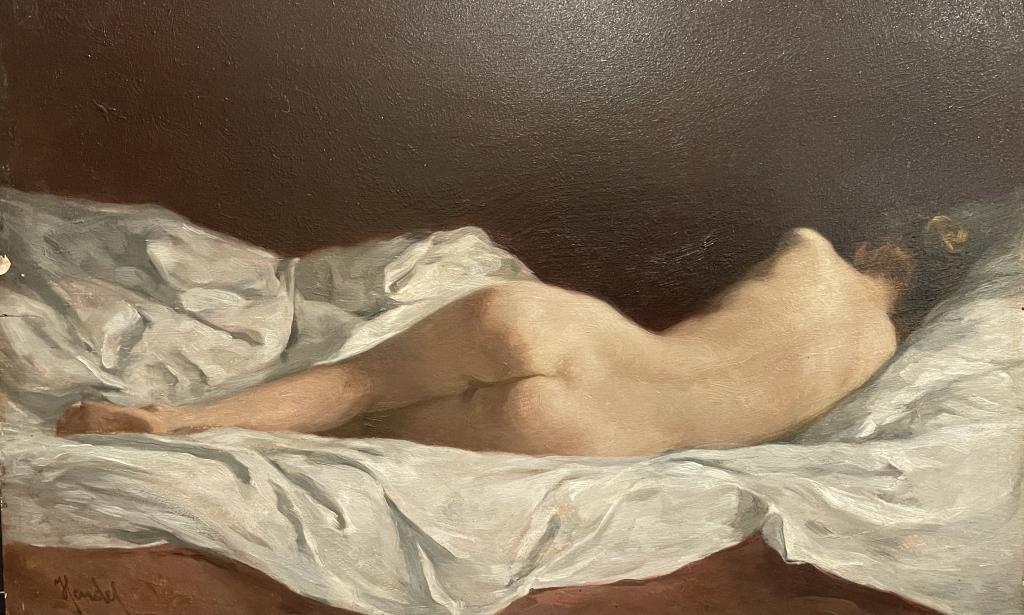 19th Century Nude O/B: 19th century reclining nude. Signed. Oil on board. Top of panel not straight. 17.25" x 11.5” unframed.