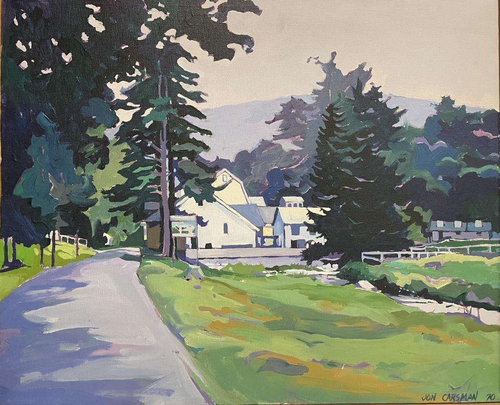 Jon Carsman (1944-1987) American: Jon Carsman. Acrylic on canvas. Landscape roadside with house. Signed and dated 70. 33"x 27.25" framed. STERLING ASSOCIATES STRIVES TO PROVIDE ACCURATE, OBJECTIVE, & FAIR INFORMATION ON ALL LOTS. WE W