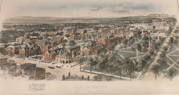 Richard Rummell (1848-1924) Yale University: Hand colored lithograph 1906 by W. T. Littig & Co. , New York. Richard Rummell&#8217; panoramic bird&#8217;s-eye view of Yale University. 36" x 25&#8221; framed. STERLING ASSOCIATES STRIVES TO PROVIDE