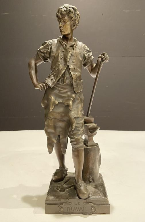 Bronze by Bouret: Industrial Bronze by Bouret Signed La Travail. 13" Height. French 19th century. STERLING ASSOCIATES STRIVES TO PROVIDE ACCURATE, OBJECTIVE, & FAIR INFORMATION ON ALL LOTS. WE WILL BE HAPPY TO ANSWER A