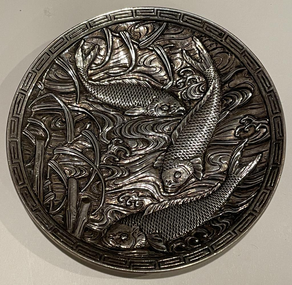Japanese Meiji Sterling Silver Dish Highly stylized Carp fish or Koi. Signed. 2 7/8' Dia. STERLING (1 of 2)