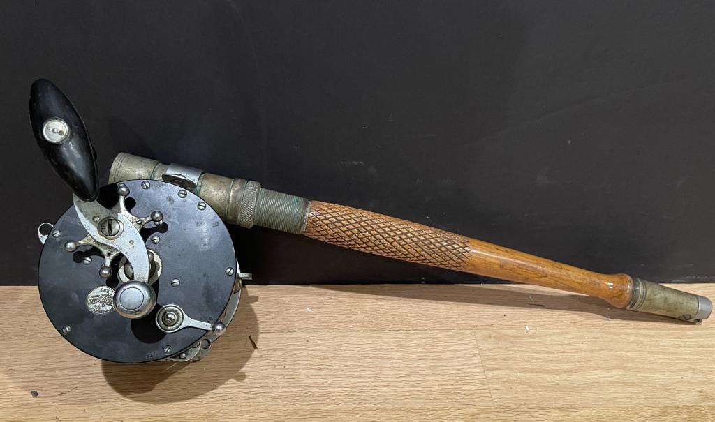 Antique Saltwater Fishing Reel And Rod Pfueger 9/0. Atlapac. The Enterprise MFG. Co. The Pluegers, (1 of 5)