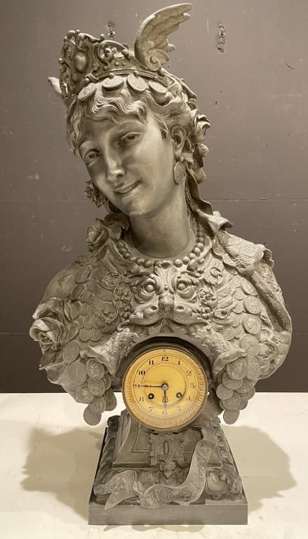 Sculpture, Arthur Waagen Bust With Clock "Time Is Money" bust clock by Arthur Waagen (1833-1898). (1 of 7)