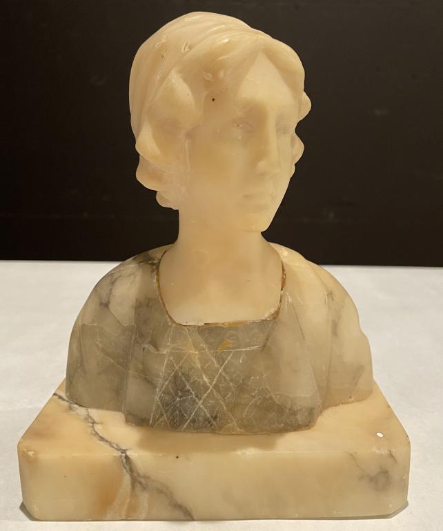 Alabaster Sculptural Bust Of Young Woman Art Deco alabaster bust of young woman. 6" x 7" x 3.5": Art Deco alabaster bust of young woman.6" x 7" x 3.5"STERLING ASSOCIATES STRIVES TO PROVIDE ACCURATE, OBJECTIVE, & FAIR INFORMATION ON ALL LOTS. WE WILL BE HAPPY TO ANSWER ANY QUESTIONS AND PROVIDE AD