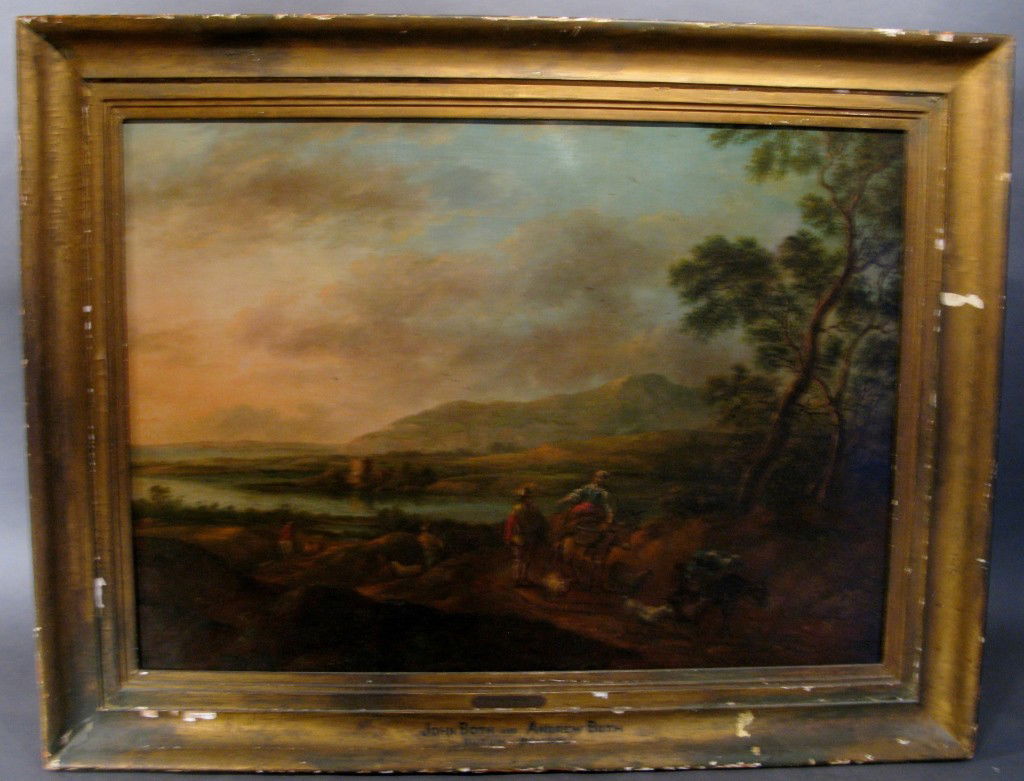 Dutch School, Attrib. to Both, 17th C: Attributed to: Jan Both (1615 - 1652) Wooded figural landscape John Both & Andrew Both Dutch School Jan Both 1610-1652 O/C Image Size: 23"T, 32 1/4"L