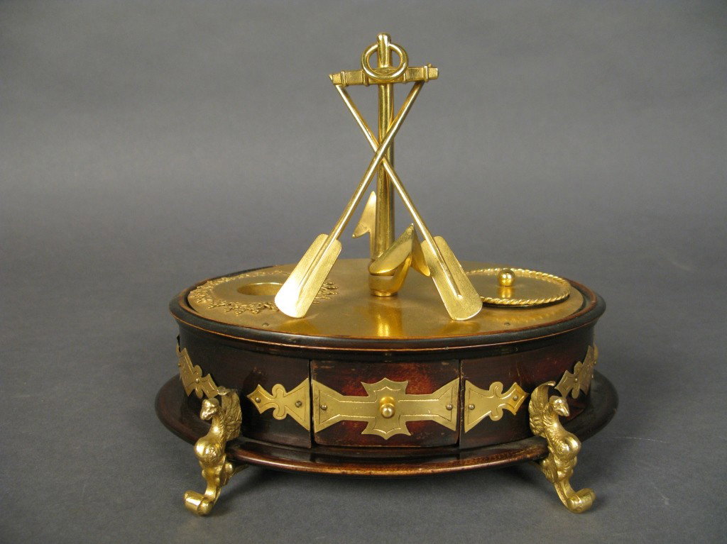 Doré bronze nautical inkwell, 19th C: Mahogany and doré bronze inkwell, English, 19th century, Nautical motif, 1 drawer 7"T, 8 1/4"L, 5 3/4"W