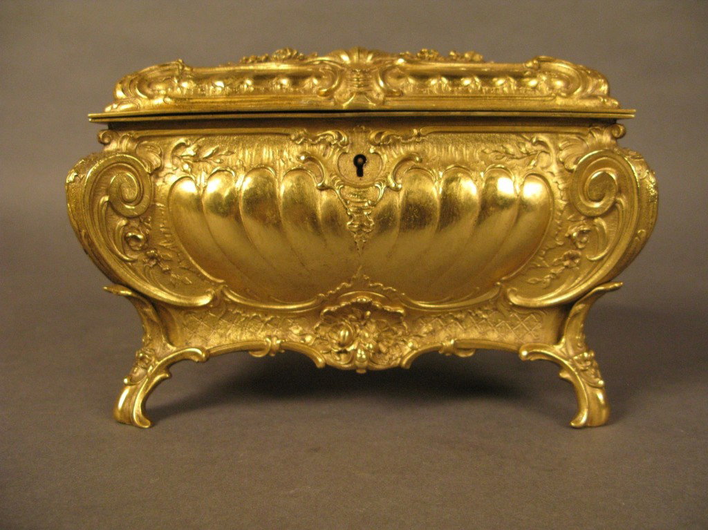 Doré bronze jewelry box, 19th C: Doré bronze jewelry box with wine colored velvet lining Makers mark on bottom 5 1/4"T, 8"L, 5 1/2"W