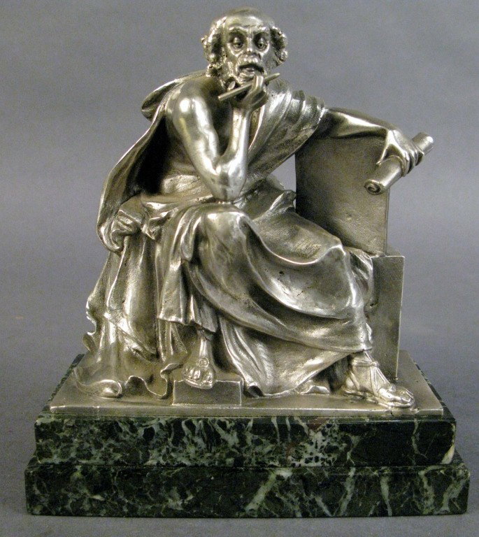 Carl Kauba (1865-1922), Scholar on marble: Carl Kauba (1865-1922) Scholar on green marble signed: C. Kauba Silver over bronze 7 1/2"T Base: 6 1/2"L, 3 1/2"W