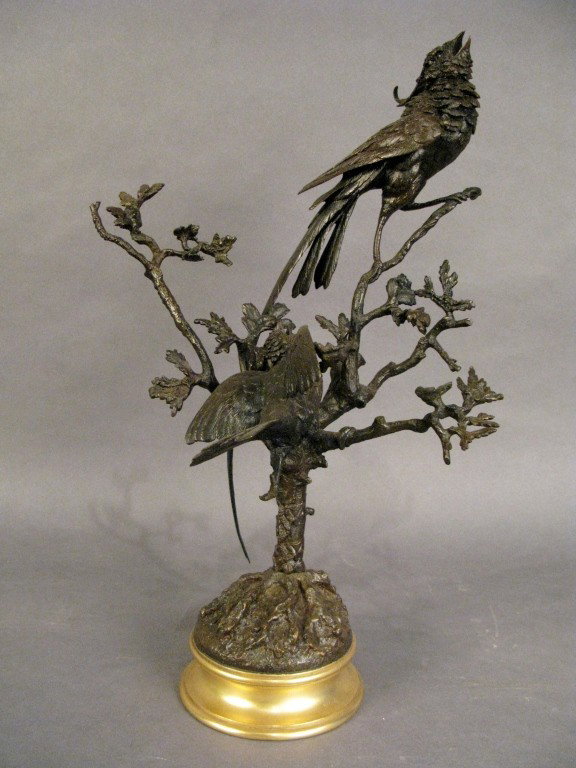 F. Pautrot (1832-1874) French, Two birds in tree: Ferdinand Pautrot (1832 - 1874) French 2 birds on tree patinated bronze on doré bronze circular base signed: Pautrot 18 3/8"T, 12"W Base: 5 1/4" diameter