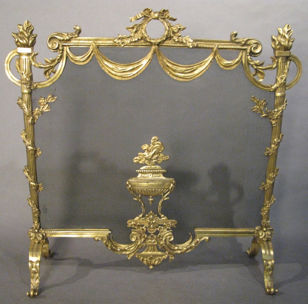 Louis XVI style fire screen, 19th C: Louis XVI style, 19th century fire screen doré bronze, makers marks on back 27"T, 26 5/16"W