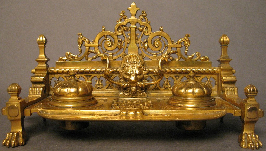 Doré bronze inkwell, circa 1900: Doré bronze figural inkwell, circa 1900 7 1/4"T, 14"L, 6"W