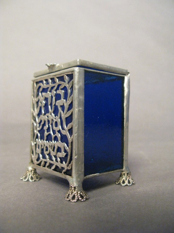 Hinged box with Hebrew lettering: Leaded glass and silver plate, hinged box with Hebrew lettering 2 3/4"T, 1 7/8"L, 1 5/8"W