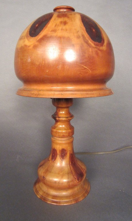 Modern wood table lamp: Modern exotic wood table lamp wood shade has crack up one side 18"T Shade" 9 1/2" diameter