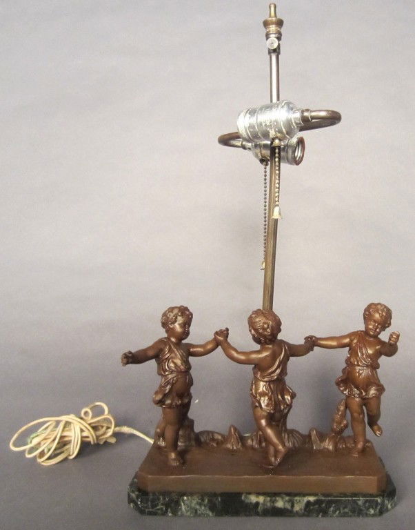 Jean Garnier (1853-1910) French, Figural lamp: Jean Garnier (1853-1910) French Figural white metal lamp on marble signed: J. Garnier visable crack in marble 19 1/2"T, 10"L 4"W