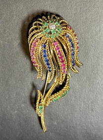 Ruby, Sapphire,Emerald, and Diamond Brooch 18k yellow, gold flower form pin brooch. 21 round rubies, (1 of 4)