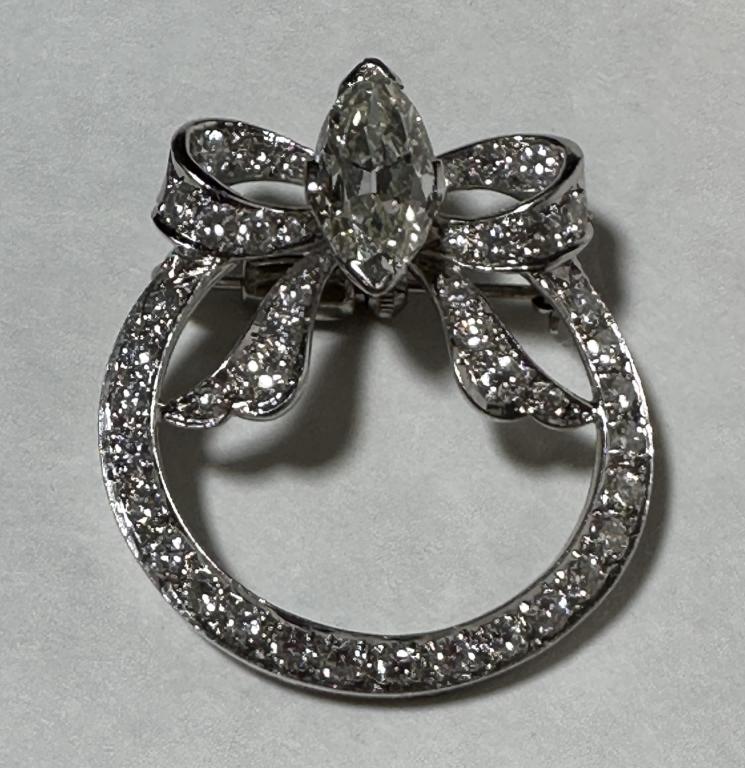 Art Deco Diamond 18K Brooch 18 karat white gold diamond bow form brooch pin. 43 round diamonds total (1 of 3)