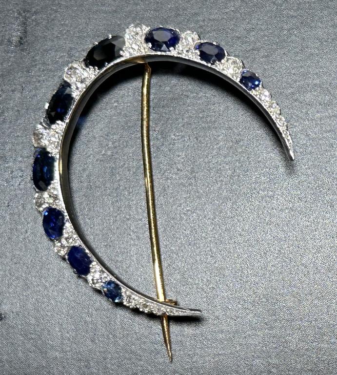 Art, Deco Diamond and Sapphire Brooch Diamond and sapphire crescent moon form brooch pin. Two-tone, (1 of 4)