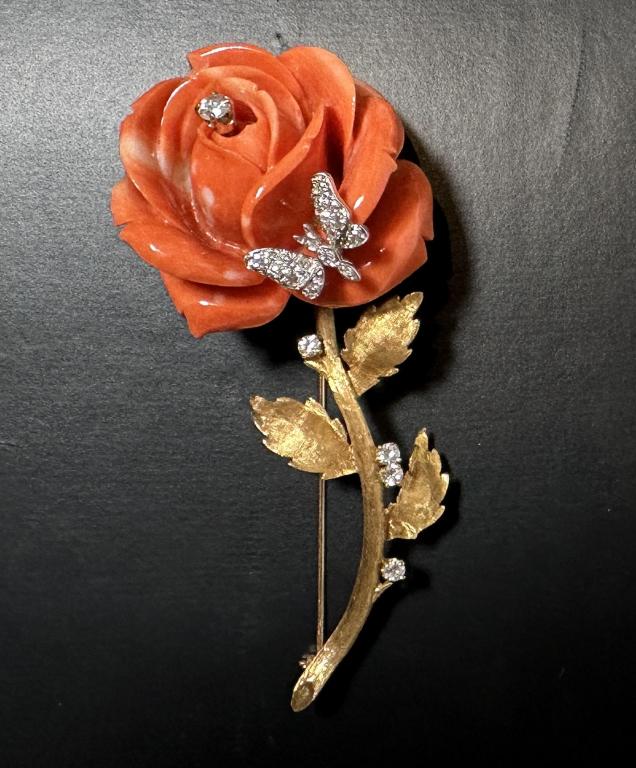 Diamond and Red Coral 14K Brooch Diamond and red coral 14k yellow gold brooch pin. Has small white (1 of 3)