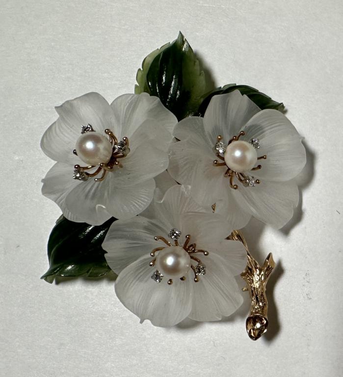 Jade and Crystal 14K Floral Form Brooch Jade and crystal 14k brooch pin with pearls and diamonds. (1 of 3)