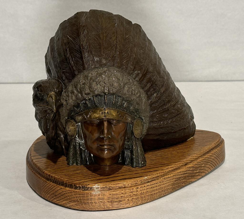 Bronze Indian And Eagle By Gregory Perillo Finely cast bronze bust of American Indian with full (1 of 6)