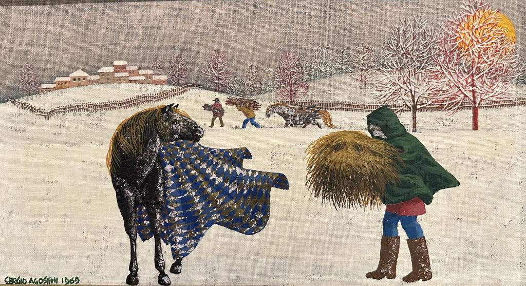 Winter Scene By Sergio Agostini, Signed Winer scene with horse being brought hay. 15" x 22" framed. (1 of 5)