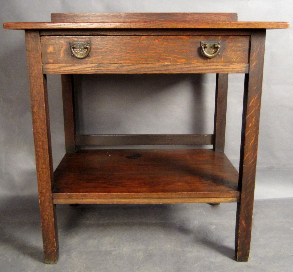 Arts & Crafts antique desk: Antique Arts and Crafts desk with 1 drawer and bottom shelf, brass hardware Height: 34", Width: 34", Depth: 20 ½"