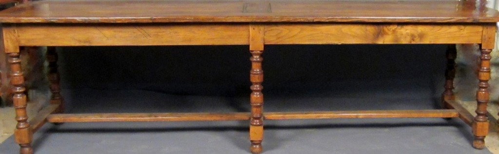 Antique Fruit wood Trestle table: Antique Fruit wood Trestle table with 2 drawers, Height: 30", Width: 106", Depth: 28 ½"