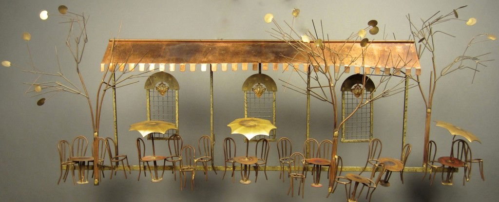 Curtis Jere, American, 20th C Cafe wall sculpture: Curtis Jere, American, 20th century Cafe street scene Metal wall sculpture Height: 20", Width: 45"