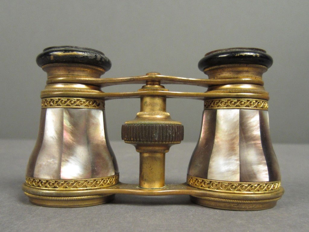 French opera glasses: French opera glasses with filigree and Abalone detail, Lambert Bros. New York Width: 4", Height: 2 1/4" - 3"