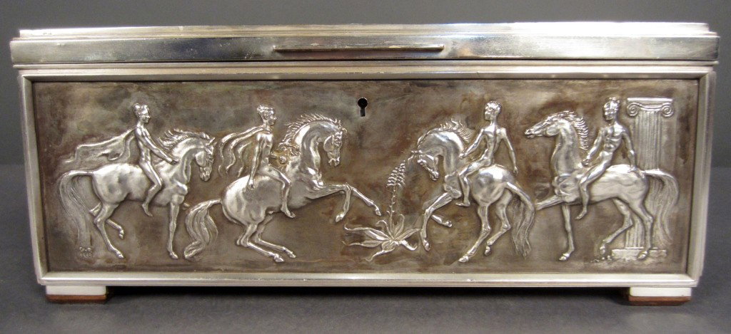 Silver over Bronze post modern humidor: Silver over Bronze post modern humidor signed/dated, circa 1940 Height: 6 ¼", Length: 14 ½"