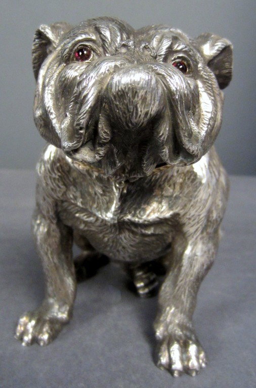 Russian Sterling dog dore collar & cabochon eyes: Russian Sterling Silver dog with dore collar & cabochon eyes Height: 4 ½"