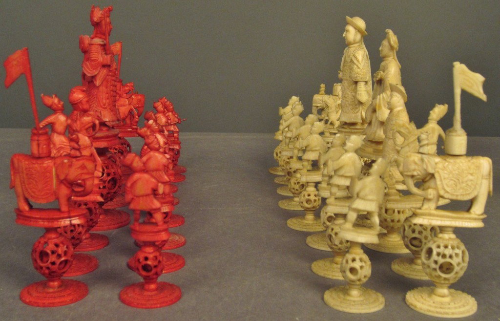 Canton ivory chess set, China 19th Century: Canton ivory chess set, China 19th Century, Red stained and natural Tallest Height: 5", Smallest Height: 2 ¾"