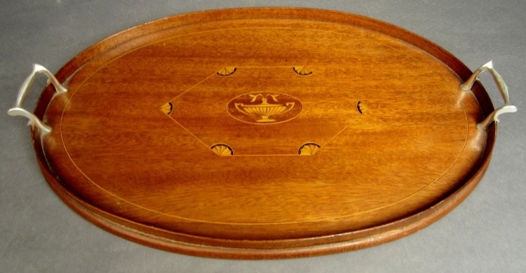 Inlaid mahogany tray, circa 1900: Inlaid mahogany tray with silvered brass handles, circa 1900 Width: 22"