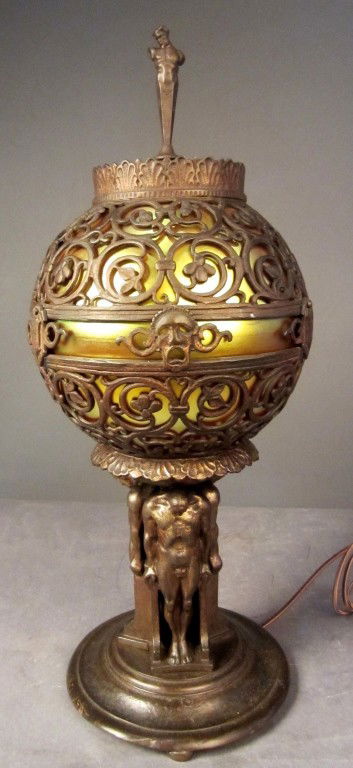 Segar Studios, Oscar Bach Art Deco Bronze Lamp: Art Deco Oscar Bach Segar Studios Bronze table lamp with Steuben gold Aurene glass shade, circa 1920 Height: 26", Width: 9 ½"