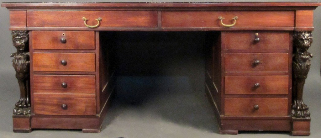 Heavily carved partner desk, American circa 1910: Heavily carved mahogany partner desk, American, circa 1910 Height: 30", Length: 99", Width: 38 1/2"