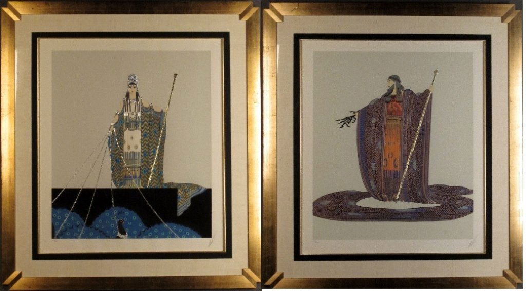 Romain "ERTE" de Tirtoff (1892–1990): Ertes, Romain de Tirtoff (1892–1990) Russian-born French artist Zeus & Hera Suite, serigraph Pair in gold frames Signed & numbered: Erte, 153/300 Image Size: Height: 25", Width: 22"